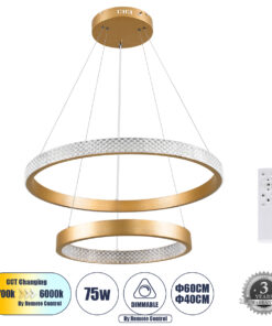 GloboStar® GLOBOSTAR® DIAMOND DUO 61151 Μοντέρνο Κρεμαστό Φωτιστικό Οροφής LED 75W 8743lm 360° AC 220-240V IP20 Ρυθμιζόμενο Λευκό CCT με Χειριστήριο από 2700K έως 6000K Dimmable - Lumileds SMD Chip - Χρυσό Βούρτσας - Μ60 x Π60 x Υ40cm - 3 Χρόνια Εγγύηση