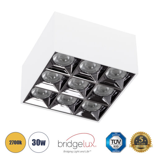 GloboStar® GloboStar® LUMINAR SUPERIOR 60339 Επιφανειακό LED Spot Downlight TrimLess 30W 4050lm 36° AC 220-240V IP20 Μ12 x Π12 x Υ6.6cm - Λευκό με Κάτοπτρο Χρωμίου - Θερμό Λευκό 2700K - Bridgelux High Lumen Chip Gen2 - TÜV Certified Driver - 5 Years Warranty