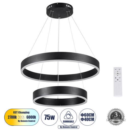 GloboStar® GLOBOSTAR® VENOM DUO 61185 Μοντέρνο Κρεμαστό Φωτιστικό Οροφής LED 75W 8818lm 120° AC 220-240V IP20 Ρυθμιζόμενο Λευκό CCT με Χειριστήριο από 2700K έως 6000K Dimmable - Lumileds SMD Chip - Μαύρο Ματ - Μ60 x Π60 x Υ40cm - 3 Χρόνια Εγγύηση