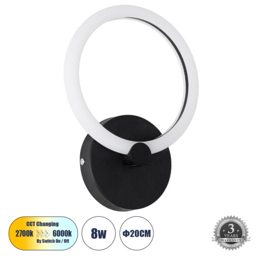 GloboStar® GloboStar® MATILDA 61339 Φωτιστικό Τοίχου - Απλίκα Design LED CCT 8W 960lm 360° AC 220-240V - Εναλλαγή Φωτισμού μέσω Διακόπτη On/Off All In One Ψυχρό 6000k+Φυσικό 4500k+Θερμό 2700k Μ20 x Π5 x Υ25.5cm - Μαύρο - 3 Years Warranty