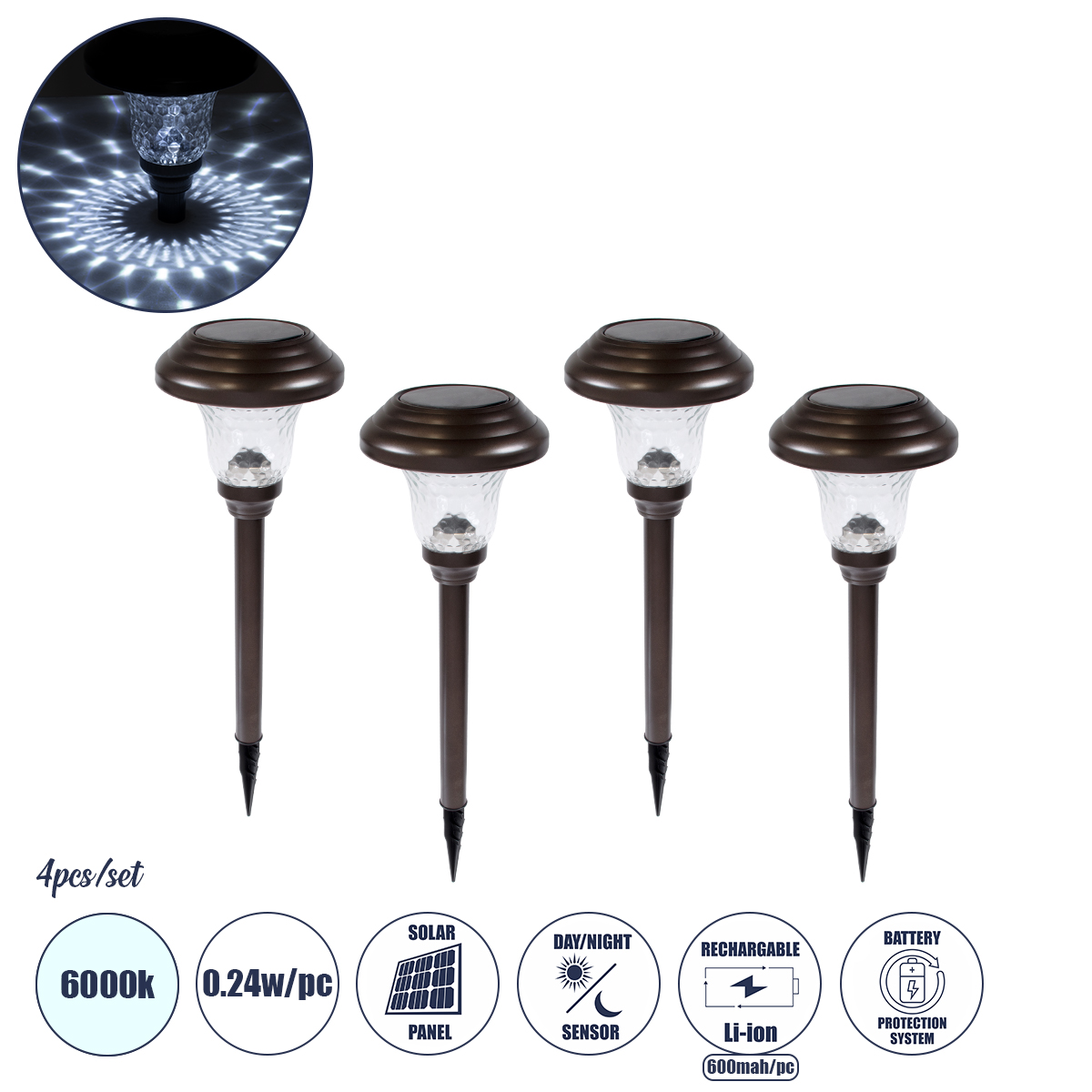 GloboStar® 69927 ΣΕΤ 4 Τεμαχίων Αυτόνομα Ηλιακά Φωτιστικά LED SMD 0.24W/Τεμ. 24lm/Τεμ. με Ενσωματωμένη Μπαταρία 600mAh - Φωτοβολταϊκό Πάνελ με Αισθητήρα Ημέρας-Νύχτας Αδιάβροχο IP65 Φανάρι Κήπου Στρογγυλό Ψυχρό Λευκό 6000K Φ12 x Υ23cm 3 GloboStar® GloboStar® 69927 ΣΕΤ 4 Τεμαχίων Αυτόνομα Ηλιακά Φωτιστικά LED SMD 0.24W/Τεμ. 24lm/Τεμ. με Ενσωματωμένη Μπαταρία 600mAh - Φωτοβολταϊκό Πάνελ με Αισθητήρα Ημέρας-Νύχτας Αδιάβροχο IP65 Φανάρι Κήπου Στρογγυλό Ψυχρό Λευκό 6000K Φ12 x Υ23cm