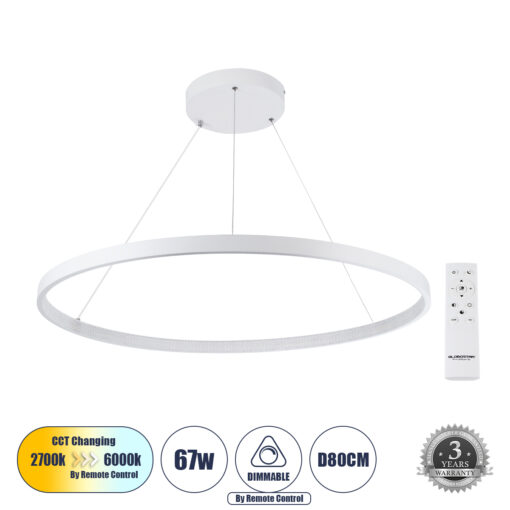 GloboStar® GLOBOSTAR® DIAMOND 61521 Μοντέρνο Κρεμαστό Φωτιστικό Οροφής LED 67W 7504lm 360° AC 220-240V IP20 Ρυθμιζόμενο Λευκό CCT με Χειριστήριο από 2700K έως 6000K Dimmable - Lumileds SMD Chip - Λευκό - Μ80 x Π80 x Υ110cm - 3 Χρόνια Εγγύηση