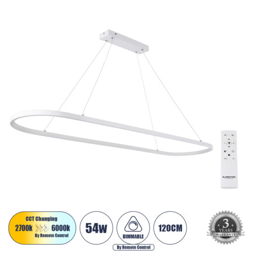 GloboStar® GLOBOSTAR® BOLIVAR 61272 Μοντέρνο Κρεμαστό Φωτιστικό Οροφής LED 54W 6210lm 360° AC 220-240V IP20 Ρυθμιζόμενο Λευκό CCT με Χειριστήριο από 2700K έως 6000K Dimmable - Lumileds SMD Chip - Λευκό Ματ - Μ120 x Π30 x Υ2cm - 3 Χρόνια Εγγύηση