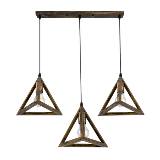 GloboStar® GLOBOSTAR® TRIANGLE 00624 Μοντέρνο Κρεμαστό Φωτιστικό Οροφής με Ντουί 3 x E27 AC 220-240V IP20 - Μπρούτζινο - Μ70 x Π22 x Y130cm