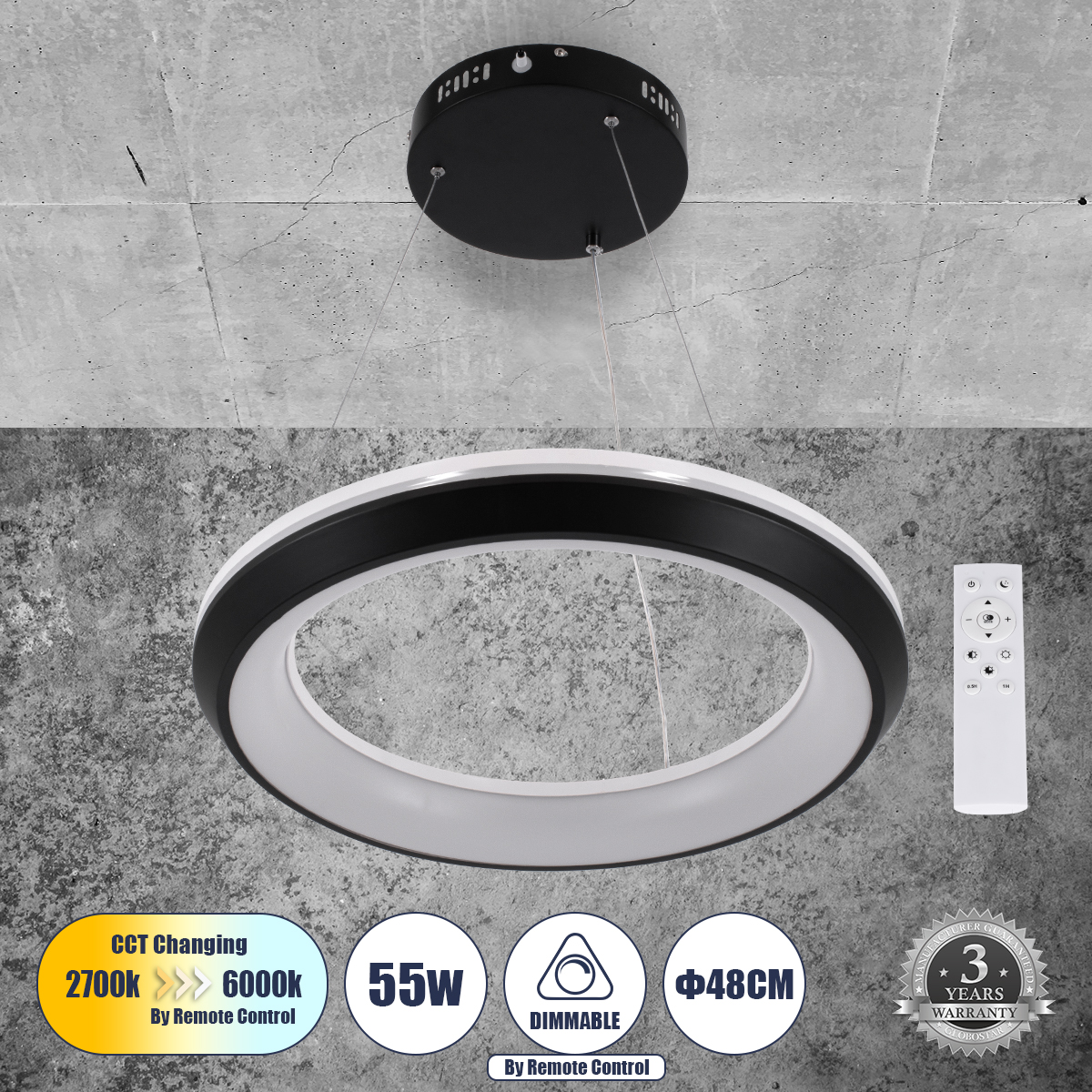 GLOBOSTAR® MELINA 61043 Μοντέρνο Κρεμαστό Φωτιστικό Οροφής LED 55W 6376lm 120° AC 220-240V IP20 Ρυθμιζόμενο Λευκό CCT με Χειριστήριο από 2700K έως 6000K Dimmable - Lumileds SMD Chip - Μαύρο - Μ48 x Π48 x Υ6.5cm - 3 Χρόνια Εγγύηση 3 GloboStar® GLOBOSTAR® MELINA 61043 Μοντέρνο Κρεμαστό Φωτιστικό Οροφής LED 55W 6376lm 120° AC 220-240V IP20 Ρυθμιζόμενο Λευκό CCT με Χειριστήριο από 2700K έως 6000K Dimmable - Lumileds SMD Chip - Μαύρο - Μ48 x Π48 x Υ6.5cm - 3 Χρόνια Εγγύηση