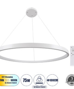 GloboStar® GLOBOSTAR® NEMESIS 61165 Μοντέρνο Κρεμαστό Φωτιστικό Οροφής LED 75W 8743lm 360° AC 220-240V IP20 Ρυθμιζόμενο Λευκό CCT με Χειριστήριο από 2700K έως 6000K Dimmable - Lumileds SMD Chip - Λευκό - Μ100 x Π100 x Υ4cm - 3 Χρόνια Εγγύηση