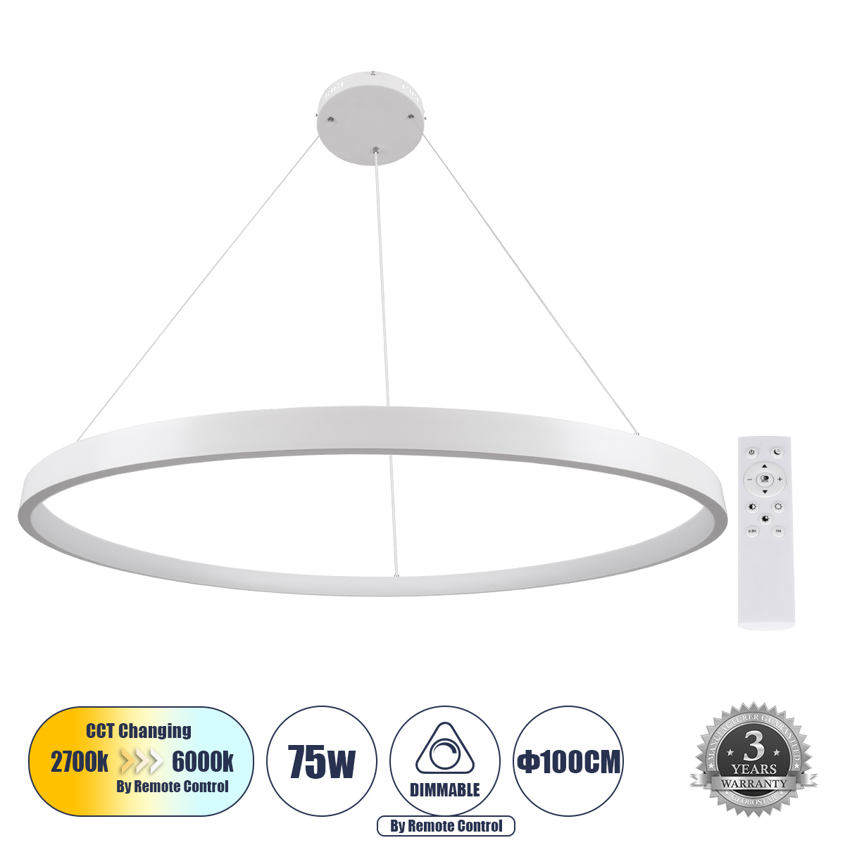 GLOBOSTAR® NEMESIS 61165 Μοντέρνο Κρεμαστό Φωτιστικό Οροφής LED 75W 8743lm 360° AC 220-240V IP20 Ρυθμιζόμενο Λευκό CCT με Χειριστήριο από 2700K έως 6000K Dimmable - Lumileds SMD Chip - Λευκό - Μ100 x Π100 x Υ4cm - 3 Χρόνια Εγγύηση 3 GloboStar® GLOBOSTAR® NEMESIS 61165 Μοντέρνο Κρεμαστό Φωτιστικό Οροφής LED 75W 8743lm 360° AC 220-240V IP20 Ρυθμιζόμενο Λευκό CCT με Χειριστήριο από 2700K έως 6000K Dimmable - Lumileds SMD Chip - Λευκό - Μ100 x Π100 x Υ4cm - 3 Χρόνια Εγγύηση