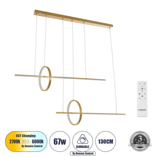 GloboStar® GLOBOSTAR® LINEARE 61291 Μοντέρνο Κρεμαστό Φωτιστικό Οροφής LED 67W 7504lm 300° AC 220-240V IP20 Ρυθμιζόμενο Λευκό CCT με Χειριστήριο από 2700K έως 6000K Dimmable - Lumileds SMD Chip - Χρυσό Βούρτσας - Μ130 x Π25 x Υ60cm - 3 Χρόνια Εγγύηση
