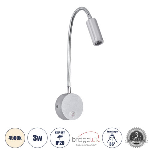 GloboStar® GloboStar® GOOSE 60879 Μοντέρνο Φωτιστικό Τοίχου - Απλίκα Ξενοδοχείου Bed Side LED 3W 300lm 36° AC 220-240V - Reading Light - Μ6.5 x Π15 x Υ24.5cm - Φυσικό Λευκό 4500K - Γκρι Νίκελ - 3 Xρόνια Εγγύηση
