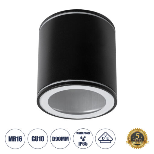 GloboStar® GloboStar® MARETTI 61445 Επιφανειακό Στρόγγυλο Φωτιστικό Σποτ με Ντουί 1 x GU10 VDE Certified AC 220-240V Αδιάβροχο IP65 - Σώμα Αλουμινίου & Υψηλής Αντοχής Tempered Glass - Φ9 x Υ9cm - Μαύρο Ματ - 5 Χρόνια Εγγύηση