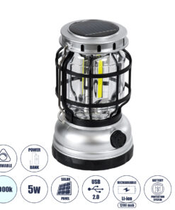 GloboStar® GloboStar® 69932 Αυτόνομο Ηλιακό Επαναφορτιζόμενο Φανάρι Camping LED 5W με Επαναφορτιζόμενη Μπαταρία 18650 1200mAh Li-ion - Power Bank - Αδιάβροχο IP54 - Dimmable - Μαύρο Ασημί - Ψυχρό Λευκό 6000K Φ10.2 x Υ16cm
