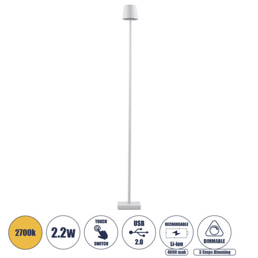 GloboStar® GloboStar® NEGA 60478 Μοντέρνο Επιδαπέδιο Φωτιστικό LED 2.2W 154lm 360° DC 5V IP44 Θερμό Λευκό 2700K Dimmable με Διακόπτη Αφής - Επαναφορτιζόμενο με Μπαταρία Li-ion 4000mAh - Λευκό - Φ10 x Υ135cm - 2 Χρόνια Εγγύηση