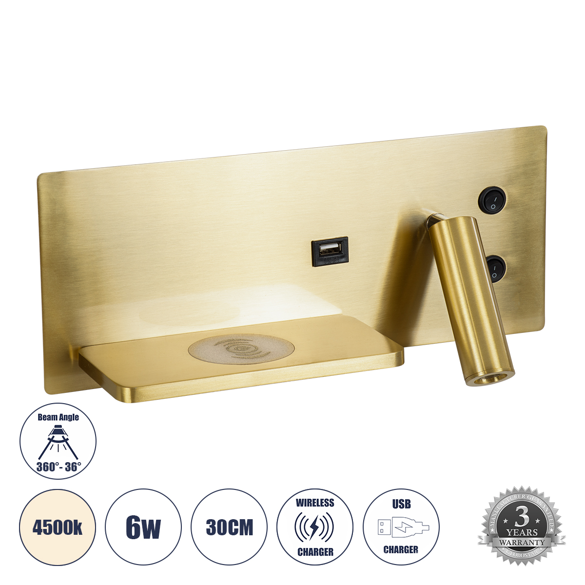 GloboStar® PALADIN 61357 Μοντέρνο Φωτιστικό Τοίχου - Απλίκα Ξενοδοχείου Bed Side LED 6W 720lm 36° AC 220-240V - Reading Light & Κρυφός Φωτισμός - Φορτιστές USB 3A & Wireless 20W - Μ30 x Π11 x Υ12cm - Φυσικό Λευκό 4500K - Χρυσό Βούρτσας - Αριστερό 3 GloboStar® GloboStar® PALADIN 61357 Μοντέρνο Φωτιστικό Τοίχου - Απλίκα Ξενοδοχείου Bed Side LED 6W 720lm 36° AC 220-240V - Reading Light & Κρυφός Φωτισμός - Φορτιστές USB 3A & Wireless 20W - Μ30 x Π11 x Υ12cm - Φυσικό Λευκό 4500K - Χρυσό Βούρτσας - Αριστερό