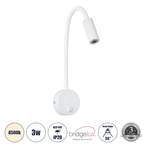 GloboStar® GloboStar® GOOSE 60876 Μοντέρνο Φωτιστικό Τοίχου - Απλίκα Ξενοδοχείου Bed Side LED 3W 300lm 36° AC 220-240V - Reading Light - Μ6.5 x Π15 x Υ24.5cm - Φυσικό Λευκό 4500K - Λευκό - 3 Xρόνια Εγγύηση