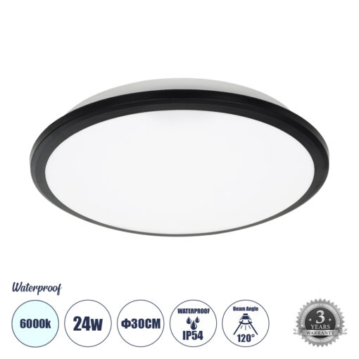 GloboStar® GloboStar® TUFFIN 60996 Πλαφονιέρα Οροφής LED 24W 2760lm 120° AC 220-240V Αδιάβροχη IP54 Φ30 x Υ6.5cm Ψυχρό Λευκό 6000K - Μαύρο - Bridgelux Chips - 3 Years Warranty
