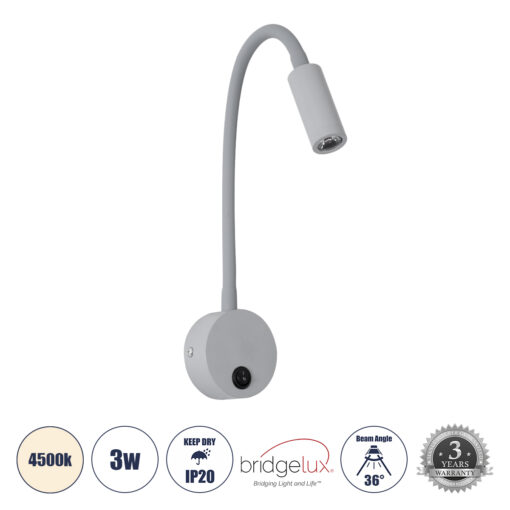 GloboStar® GloboStar® GOOSE 60877 Μοντέρνο Φωτιστικό Τοίχου - Απλίκα Ξενοδοχείου Bed Side LED 3W 300lm 36° AC 220-240V - Reading Light - Μ6.5 x Π15 x Υ24.5cm - Φυσικό Λευκό 4500K - Γκρι Ανθρακί - 3 Xρόνια Εγγύηση