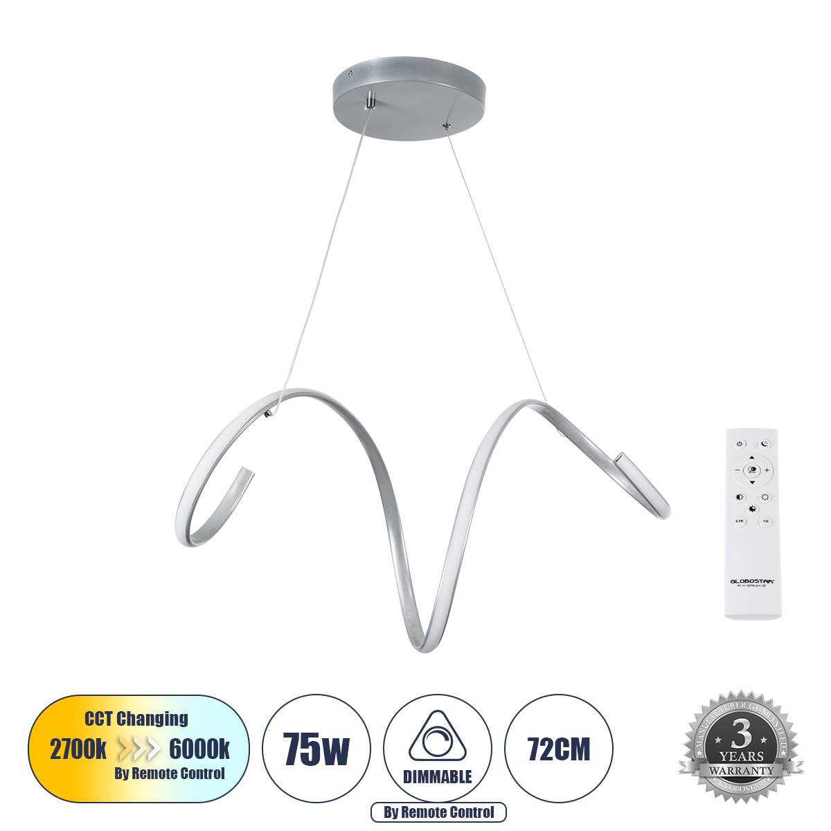 GLOBOSTAR® SPIRALE 61285 Μοντέρνο Κρεμαστό Φωτιστικό Οροφής LED 75W 8400lm 300° AC 220-240V IP20 Ρυθμιζόμενο Λευκό CCT με Χειριστήριο από 2700K έως 6000K Dimmable - Lumileds SMD Chip - Νίκελ Βούρτσας - Μ72 x Π25 x Υ30cm - 3 Χρόνια Εγγύηση 3 GloboStar® GLOBOSTAR® SPIRALE 61285 Μοντέρνο Κρεμαστό Φωτιστικό Οροφής LED 75W 8400lm 300° AC 220-240V IP20 Ρυθμιζόμενο Λευκό CCT με Χειριστήριο από 2700K έως 6000K Dimmable - Lumileds SMD Chip - Νίκελ Βούρτσας - Μ72 x Π25 x Υ30cm - 3 Χρόνια Εγγύηση