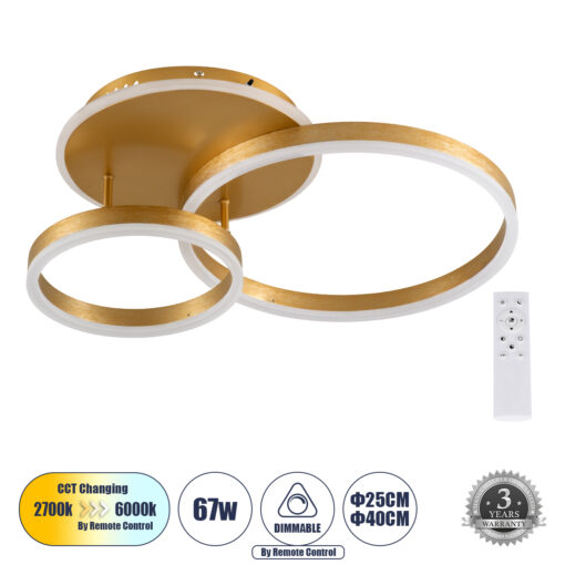 GloboStar® GloboStar® VENOM 61122 Φωτιστικό Οροφής Δαχτυλίδι-Κύκλος LED CCT 67W 8107lm 360° AC 220-240V - Εναλλαγή Φωτισμού μέσω Τηλεχειριστηρίου All In One Ψυχρό 6000k+Φυσικό 4500k+Θερμό 2700k Dimmable Φ25+40cm+BackLight - Χρυσό Βούρτσας - 3 Years Warranty