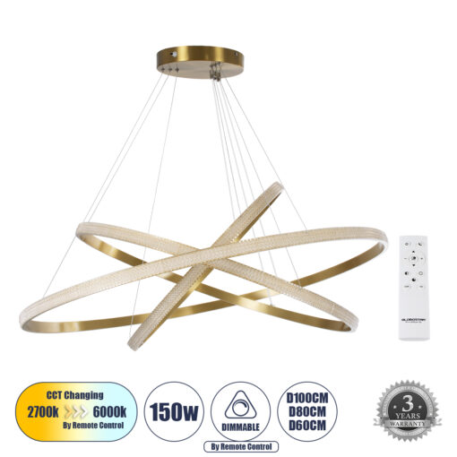 GloboStar® GLOBOSTAR® DIAMOND TRIO 61141-DECO Μοντέρνο Κρεμαστό Φωτιστικό Οροφής LED 150W 18379lm 360° AC 220-240V IP20 Ρυθμιζόμενο Λευκό CCT με Χειριστήριο από 2700K έως 6000K Dimmable - Lumileds SMD Chip - Χρυσό Βούρτσας - Μ60 x Π80 x Υ100cm - 3 Χρόνια Εγγύηση