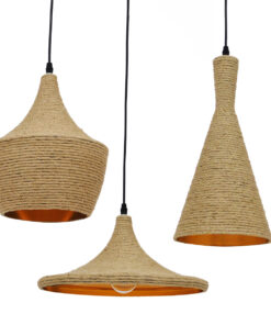 GloboStar® GLOBOSTAR® SHANGHAI ROPE 00875 Μοντέρνό Κρεμαστό Φωτιστικό Οροφής με Ντουί 3 x E27 AC 220-240V IP20 - Μπεζ & Χρυσό - Μ81 x Π81 x Υ39cm - Σετ 3 Τεμαχίων