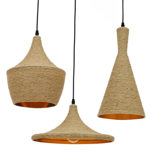 GloboStar® GLOBOSTAR® SHANGHAI ROPE 00875 Μοντέρνό Κρεμαστό Φωτιστικό Οροφής με Ντουί 3 x E27 AC 220-240V IP20 - Μπεζ & Χρυσό - Μ81 x Π81 x Υ39cm - Σετ 3 Τεμαχίων