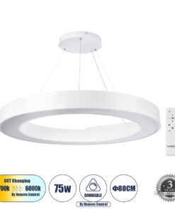 GloboStar® GLOBOSTAR® RA 61197 Μοντέρνο Κρεμαστό Φωτιστικό Οροφής LED 75W 8250lm 120° AC 220-240V IP20 Ρυθμιζόμενο Λευκό CCT με Χειριστήριο από 2700K έως 6000K Dimmable - Lumileds SMD Chip - Λευκό - Μ80 x Π80 x Υ8cm - 3 Χρόνια Εγγύηση