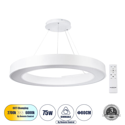 GloboStar® GLOBOSTAR® RA 61197 Μοντέρνο Κρεμαστό Φωτιστικό Οροφής LED 75W 8250lm 120° AC 220-240V IP20 Ρυθμιζόμενο Λευκό CCT με Χειριστήριο από 2700K έως 6000K Dimmable - Lumileds SMD Chip - Λευκό - Μ80 x Π80 x Υ8cm - 3 Χρόνια Εγγύηση