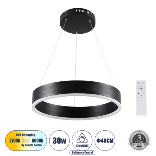 GloboStar® GLOBOSTAR® VENOM 61173 Μοντέρνο Κρεμαστό Φωτιστικό Οροφής LED 30W 3513lm 120° AC 220-240V IP20 Ρυθμιζόμενο Λευκό CCT με Χειριστήριο από 2700K έως 6000K Dimmable - Lumileds SMD Chip - Μαύρο - Μ40 x Π40 x Υ6.5cm - 3 Χρόνια Εγγύηση