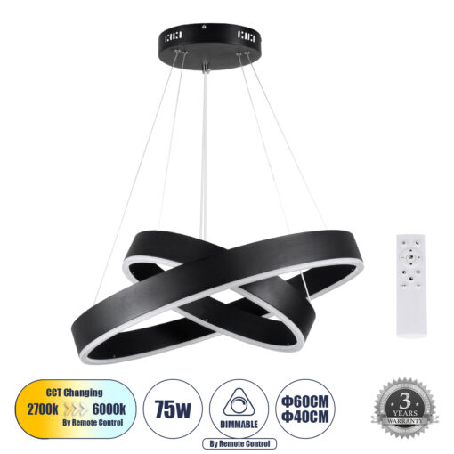 GloboStar® GLOBOSTAR® VENOM DUO 61185-DECO Μοντέρνο Κρεμαστό Φωτιστικό Οροφής LED 75W 8818lm 120° AC 220-240V IP20 Ρυθμιζόμενο Λευκό CCT με Χειριστήριο από 2700K έως 6000K Dimmable - Lumileds SMD Chip - Μαύρο - Μ60 x Π60 x Υ40cm - 3 Χρόνια Εγγύηση