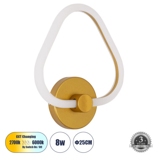 GloboStar® GloboStar® REGINA 61342 Φωτιστικό Τοίχου - Απλίκα Design LED CCT 8W 960lm 360° AC 220-240V - Εναλλαγή Φωτισμού μέσω Διακόπτη On/Off All In One Ψυχρό 6000k+Φυσικό 4500k+Θερμό 2700k Μ25 x Π7 x Υ28.5cm - Χρυσό - 3 Years Warranty