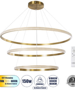GloboStar® GLOBOSTAR® DIAMOND TRIO 61141 Μοντέρνο Κρεμαστό Φωτιστικό Οροφής LED 150W 18379lm 360° AC 220-240V IP20 Ρυθμιζόμενο Λευκό CCT με Χειριστήριο από 2700K έως 6000K Dimmable - Lumileds SMD Chip - Χρυσό Βούρτσας - Μ100 x Π100 x Υ60cm - 3 Χρόνια Εγγύηση