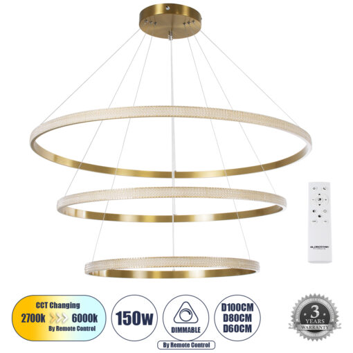 GloboStar® GLOBOSTAR® DIAMOND TRIO 61141 Μοντέρνο Κρεμαστό Φωτιστικό Οροφής LED 150W 18379lm 360° AC 220-240V IP20 Ρυθμιζόμενο Λευκό CCT με Χειριστήριο από 2700K έως 6000K Dimmable - Lumileds SMD Chip - Χρυσό Βούρτσας - Μ100 x Π100 x Υ60cm - 3 Χρόνια Εγγύηση