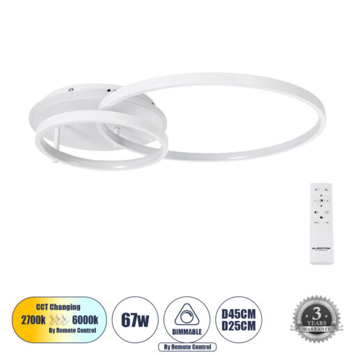 GloboStar® GloboStar® NEMESIS 61106 Φωτιστικό Οροφής Δαχτυλίδι-Κύκλος LED CCT 67W 7573lm 360° AC 220-240V - Εναλλαγή Φωτισμού μέσω Τηλεχειριστηρίου All In One Ψυχρό 6000k+Φυσικό 4500k+Θερμό 2700k Dimmable Φ25+45cm+BackLight - Λευκό - 3 Years Warranty