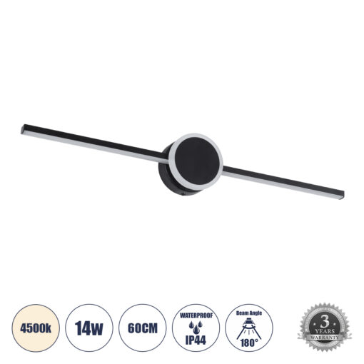 GloboStar® GloboStar® OPAL 60454 Μοντέρνο Φωτιστικό Τοίχου - Απλίκα Καθρέπτη Μπάνιου - Πίνακα LED 14W 1600lm 180° AC 220-240V IP44 Μ60 x Π6 x Υ10cm - Φυσικό Λευκό 4500K - Μαύρο - 3 Χρόνια Εγγύηση