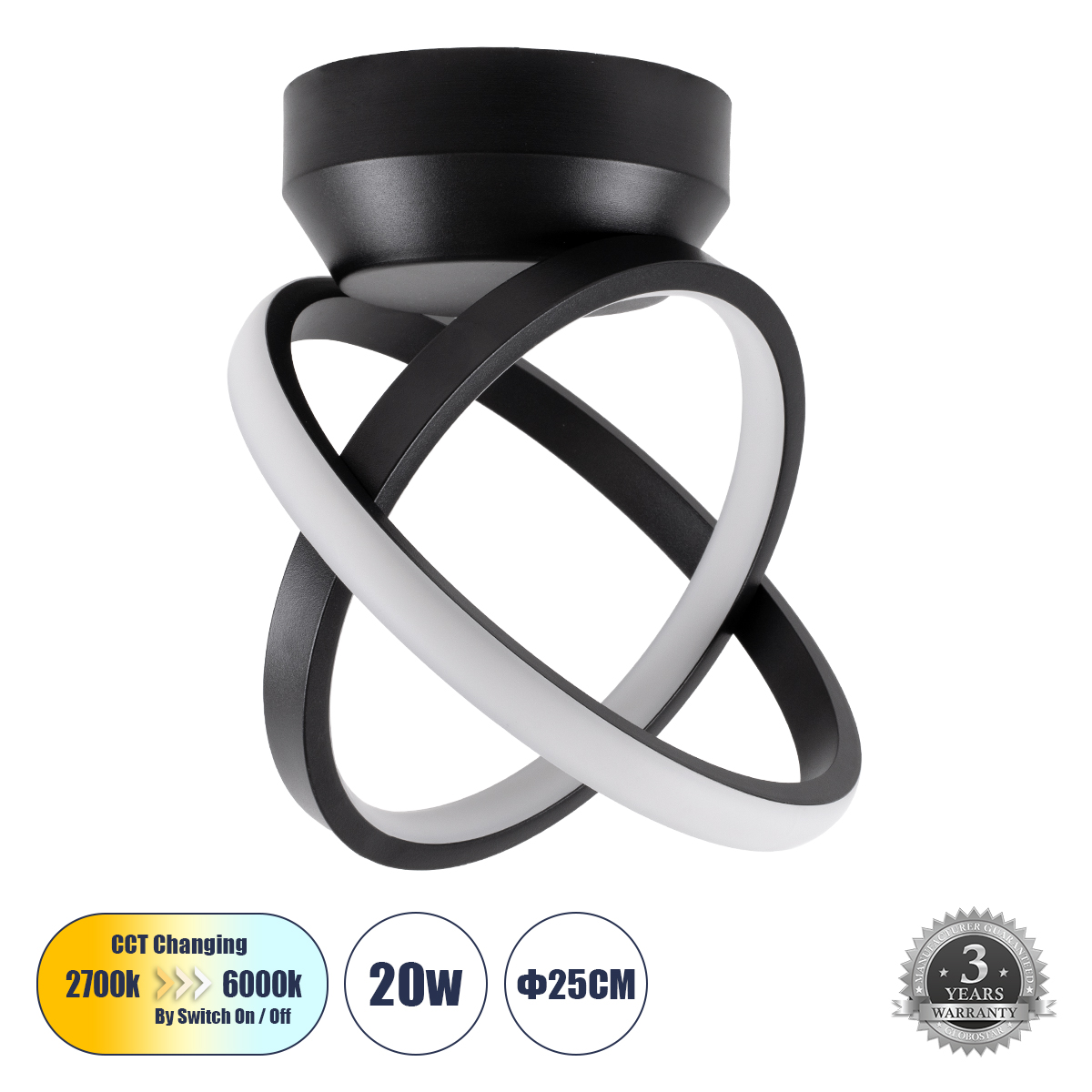 GLOBOSTAR® AMELIA 61052 Μοντέρνο Φωτιστικό Οροφής LED 20W 2400lm 300° AC 220-240V IP20 Ρυθμιζόμενο Λευκό CCT με On/Off 2700K/4500K/6000K - Lumileds SMD Chip - Μαύρο Ματ - Μ24.5 x Π16 x Υ25cm - 3 Χρόνια Εγγύηση 3 GloboStar® GLOBOSTAR® AMELIA 61052 Μοντέρνο Φωτιστικό Οροφής LED 20W 2400lm 300° AC 220-240V IP20 Ρυθμιζόμενο Λευκό CCT με On/Off 2700K/4500K/6000K - Lumileds SMD Chip - Μαύρο Ματ - Μ24.5 x Π16 x Υ25cm - 3 Χρόνια Εγγύηση