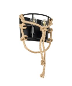 GloboStar® GloboStar® BARBOSA 01083 Vintage Επιτοίχιο Φωτιστικό Απλίκα Δίφωτο 2 x E27 IP20 Μαύρο Μέταλλο με Μπεζ Σχοινί Μ30 x Π16 x Υ20cm