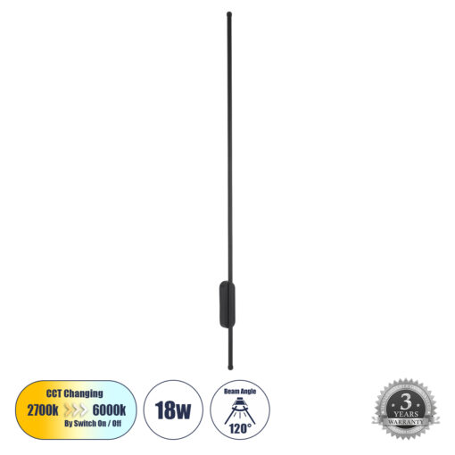GloboStar® GloboStar® HARLEM 61335 Φωτιστικό Τοίχου - Απλίκα Design LED CCT 18W 2160lm 120° AC 220-240V - Εναλλαγή Φωτισμού μέσω Διακόπτη On/Off All In One Ψυχρό 6000k+Φυσικό 4500k+Θερμό 2700k Μ5 x Π4 x Υ120cm - Μαύρο - 3 Years Warranty