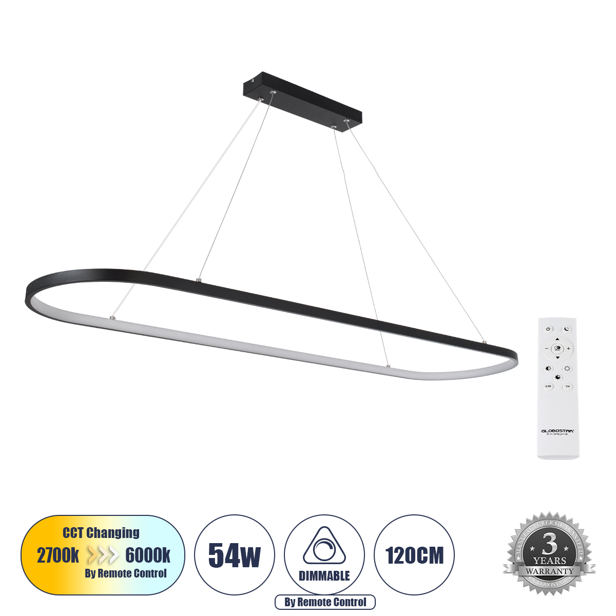 GLOBOSTAR® BOLIVAR 61271 Μοντέρνο Κρεμαστό Φωτιστικό Οροφής LED 54W 6210lm 360° AC 220-240V IP20 Ρυθμιζόμενο Λευκό CCT με Χειριστήριο από 2700K έως 6000K Dimmable - Lumileds SMD Chip - Μαύρο Ματ - Μ120 x Π30 x Υ2cm - 3 Χρόνια Εγγύηση 3 GloboStar® GLOBOSTAR® BOLIVAR 61271 Μοντέρνο Κρεμαστό Φωτιστικό Οροφής LED 54W 6210lm 360° AC 220-240V IP20 Ρυθμιζόμενο Λευκό CCT με Χειριστήριο από 2700K έως 6000K Dimmable - Lumileds SMD Chip - Μαύρο Ματ - Μ120 x Π30 x Υ2cm - 3 Χρόνια Εγγύηση