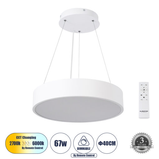 GloboStar® GLOBOSTAR® BURTON 61201-P Μοντέρνο Κρεμαστό Φωτιστικό Οροφής LED 67W 7370lm 120° AC 220-240V IP20 Ρυθμιζόμενο Λευκό CCT με Χειριστήριο από 2700K έως 6000K Dimmable - Lumileds SMD Chip - Λευκό - Μ40 x Π40 x Υ8cm - 3 Χρόνια Εγγύηση