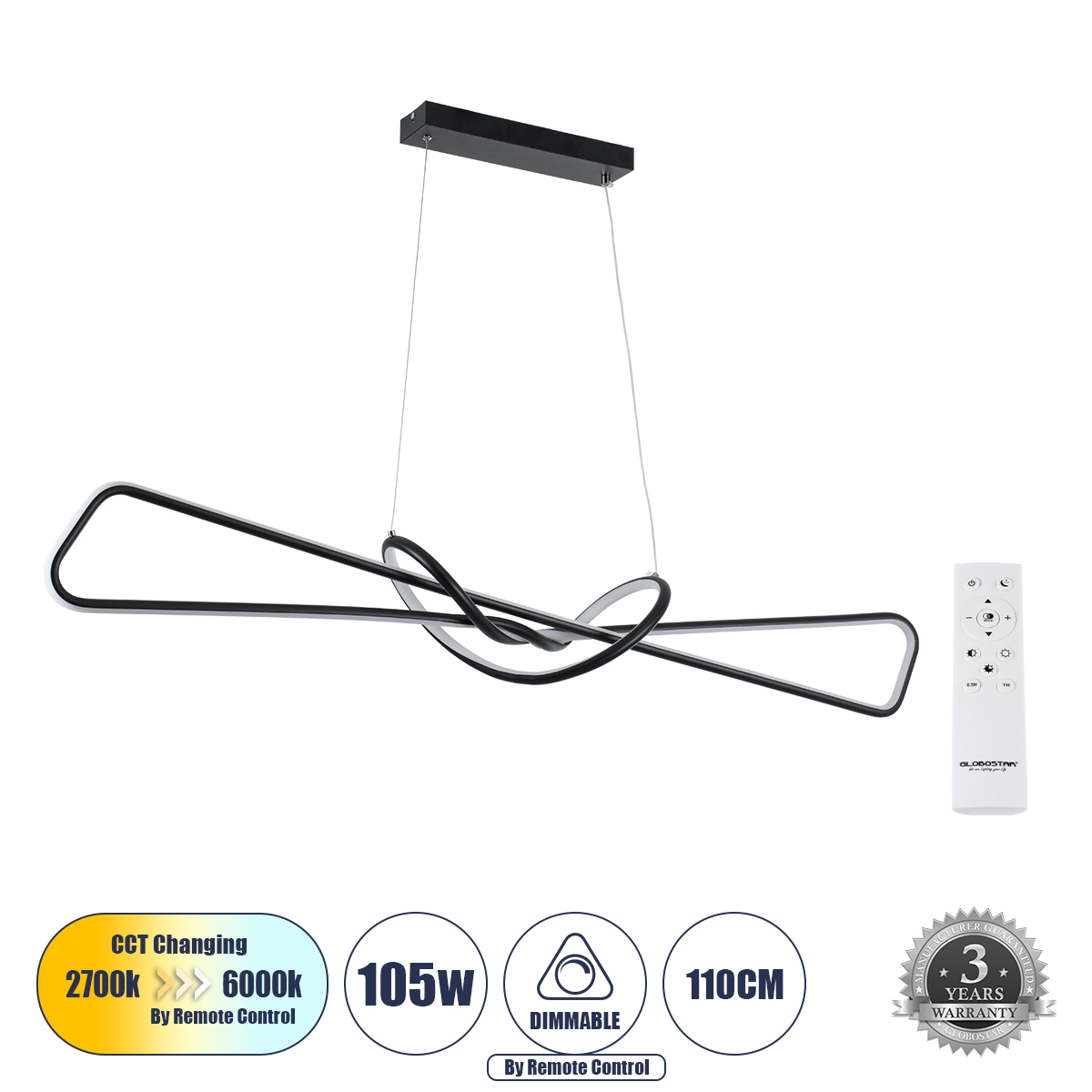 GLOBOSTAR® DOLORES 61279 Μοντέρνο Κρεμαστό Φωτιστικό Οροφής LED 105W 11760lm 300° AC 220-240V IP20 Ρυθμιζόμενο Λευκό CCT με Χειριστήριο από 2700K έως 6000K Dimmable - Lumileds SMD Chip - Μαύρο - Μ110 x Π17 x Υ17.5cm - 3 Χρόνια Εγγύηση 3 GloboStar® GLOBOSTAR® DOLORES 61279 Μοντέρνο Κρεμαστό Φωτιστικό Οροφής LED 105W 11760lm 300° AC 220-240V IP20 Ρυθμιζόμενο Λευκό CCT με Χειριστήριο από 2700K έως 6000K Dimmable - Lumileds SMD Chip - Μαύρο - Μ110 x Π17 x Υ17.5cm - 3 Χρόνια Εγγύηση