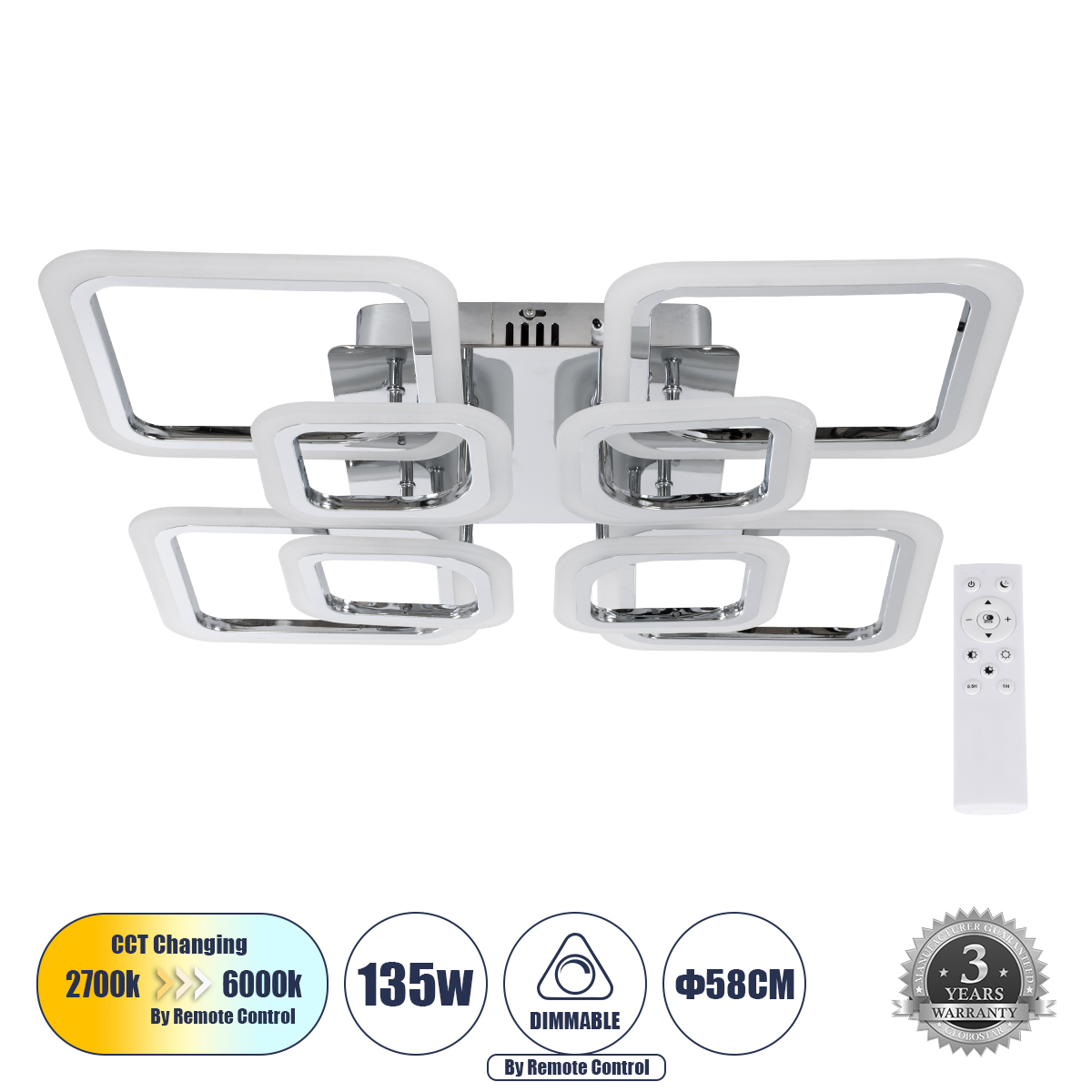 GloboStar® ROYAL-S 61326 Φωτιστικό Οροφής Design LED CCT 135W 16200lm 360° AC 220-240V - Εναλλαγή Φωτισμού μέσω Τηλεχειριστηρίου All In One Ψυχρό 6000k+Φυσικό 4500k+Θερμό 2700k Dimmable Μ58.5 x Π58.5 x Υ12cm - Ασημί Νίκελ - 3 Years Warranty 3 GloboStar® GloboStar® ROYAL-S 61326 Φωτιστικό Οροφής Design LED CCT 135W 16200lm 360° AC 220-240V - Εναλλαγή Φωτισμού μέσω Τηλεχειριστηρίου All In One Ψυχρό 6000k+Φυσικό 4500k+Θερμό 2700k Dimmable Μ58.5 x Π58.5 x Υ12cm - Ασημί Νίκελ - 3 Years Warranty