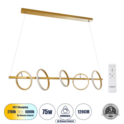 GloboStar® GLOBOSTAR® CIRCOLARE 61322 Μοντέρνο Κρεμαστό Φωτιστικό Οροφής LED 75W 8400lm 360° AC 220-240V IP20 Ρυθμιζόμενο Λευκό CCT με Χειριστήριο από 2700K έως 6000K Dimmable - Lumileds SMD Chip - Χρυσό - Μ120 x Π25 x Υ25cm - 3 Χρόνια Εγγύηση