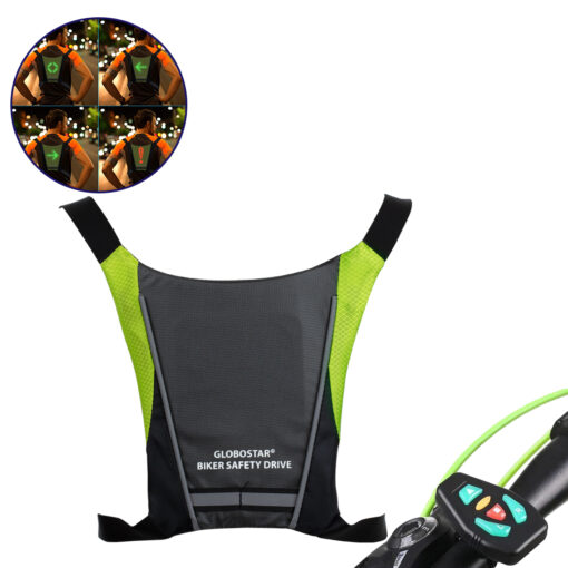 GloboStar® GloboStar® 79070 Γιλέκο Ασφαλείας Φωσφοριζέ Αντανακλαστικό για Ποδηλάτες & Runners με Φωτεινή Σήμανση LED - Ενσωματωμένη Μπαταρία 650mAh DC 5V Επαναφορτιζόμενο με Καλώδιο Τροφοδοσίας USB & Ασύρματο Χειριστήριο -  Μαύρο & Λαχανί Φωσφοριζέ Αδιάβροχο IP65