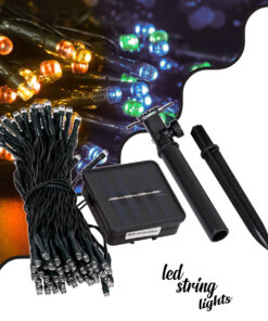 GloboStar® 85809 Διακοσμητική Γιρλάντα 10 Μέτρων με Controller 8 Προγραμμάτων Φωτισμού - 100 LED 4W με Ενσωματωμένη Μπαταρία 600mAh - Φωτοβολταϊκό Πάνελ - Αισθητήρα Ημέρας-Νύχτας - Βάση Κήπου & Σκούρο Πράσινο Καλώδιο Αδιάβροχη IP65 Πολύχρωμη RGB Μ10m