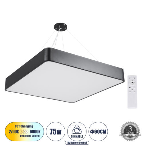 GloboStar® GLOBOSTAR® KAMALA 61208-P Μοντέρνο Κρεμαστό Φωτιστικό Οροφής LED 75W 8625lm 120° AC 220-240V IP20 Ρυθμιζόμενο Λευκό CCT με Χειριστήριο από 2700K έως 6000K Dimmable - Lumileds SMD Chip - Μαύρο - Μ60 x Π60 x Υ8cm - 3 Χρόνια Εγγύηση