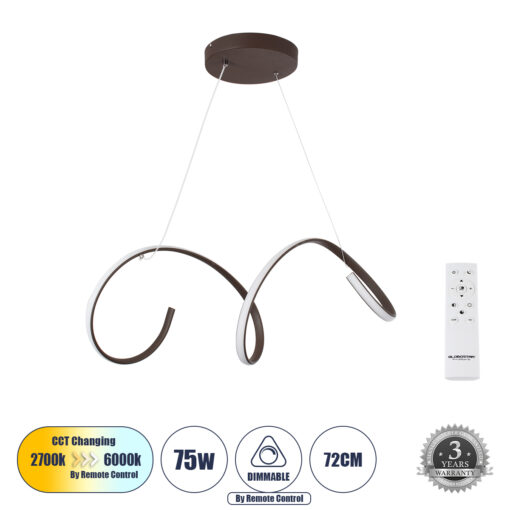 GloboStar® GLOBOSTAR® SPIRALE 61287 Μοντέρνο Κρεμαστό Φωτιστικό Οροφής LED 75W 8400lm 300° AC 220-240V IP20 Ρυθμιζόμενο Λευκό CCT με Χειριστήριο από 2700K έως 6000K Dimmable - Lumileds SMD Chip - Καφέ - Μ72 x Π25 x Υ30cm - 3 Χρόνια Εγγύηση