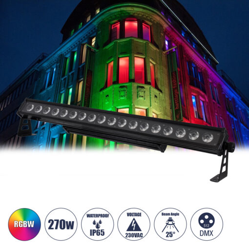 GloboStar® GloboStar® 51141 TRITON Επαγγελματική Μπάρα Φωτισμού Wall Washer LED 18*15W 4in1 270W 25° AC 220-240V Αδιάβροχο IP65 Πολύχρωμο RGBW DMX512 Display on Body - Μαύρο - L102 x W11 x H17cm