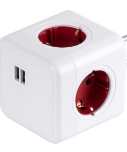 GloboStar® GloboStar® TRAVEL PowerCube PRO Certified 79634 Πολύπριζο 6 Θέσεων με 4 Πρίζες Ασφαλείας Childproof EU Schuko AC 220-240V & 2 Πρίζες USB Max 2.1A/DC 5V Μ7.5 x Π11.5 x Υ7.5 - Λευκό με Κόκκινο - Max Load 3680W/16A