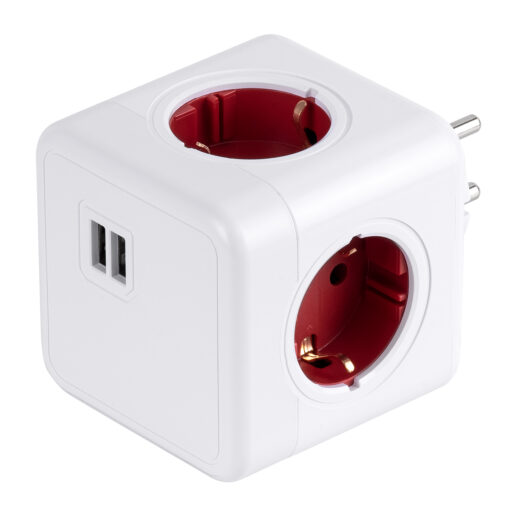 GloboStar® GloboStar® TRAVEL PowerCube PRO Certified 79634 Πολύπριζο 6 Θέσεων με 4 Πρίζες Ασφαλείας Childproof EU Schuko AC 220-240V & 2 Πρίζες USB Max 2.1A/DC 5V Μ7.5 x Π11.5 x Υ7.5 - Λευκό με Κόκκινο - Max Load 3680W/16A