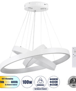 GloboStar® GLOBOSTAR® NEMESIS TRIO 61168-DECO Μοντέρνο Κρεμαστό Φωτιστικό Οροφής LED 100W 12123lm 360° AC 220-240V IP20 Ρυθμιζόμενο Λευκό CCT με Χειριστήριο από 2700K έως 6000K Dimmable - Lumileds SMD Chip - Λευκό - Μ25 x Π40 x Υ60cm - 3 Χρόνια Εγγύηση